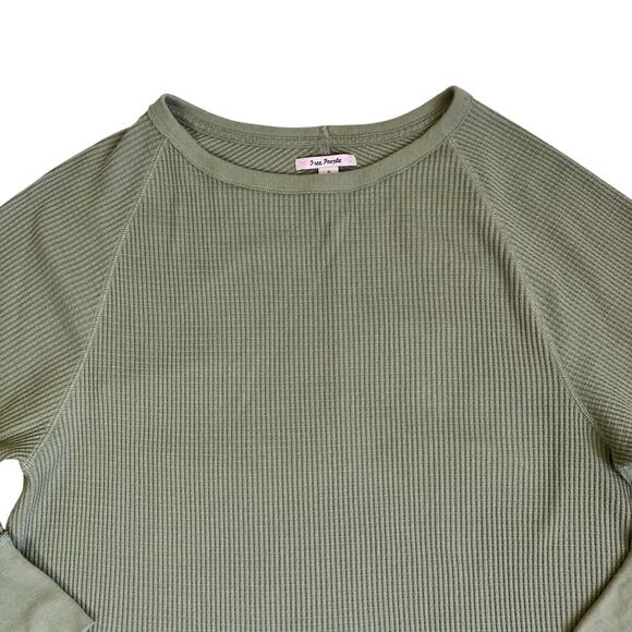 Free People Sz S Olive Green Waffle Knit Thermal Top Oversized Split Back Cozy - Picture 4 of 16